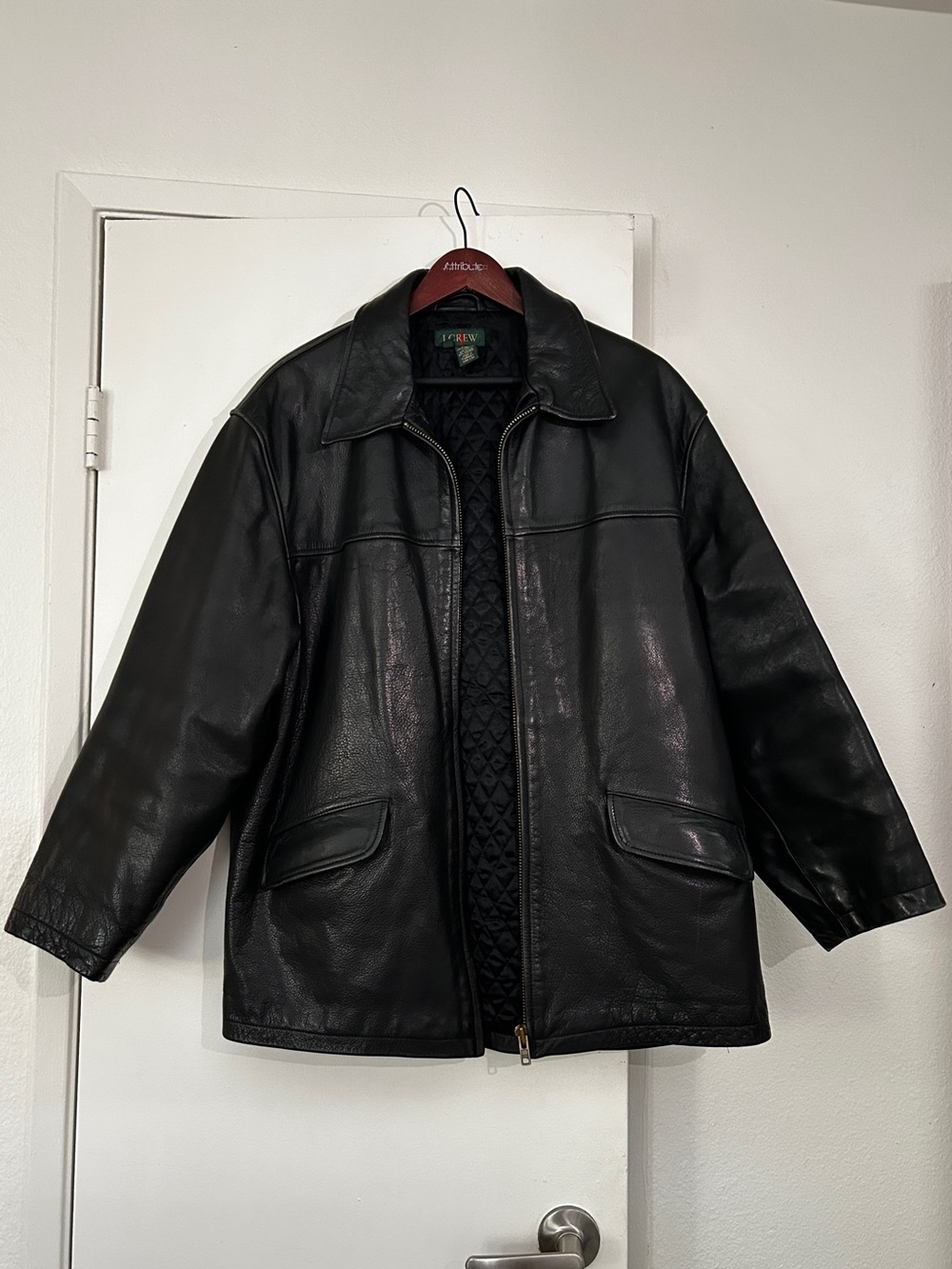 Vintage Y2K J Crew Leather Jacket Mens L Black/Brown Full Zip Quilted Bomber